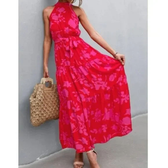 red pink floral print belted halter maxi dress - Boho - Picture 2 of 11